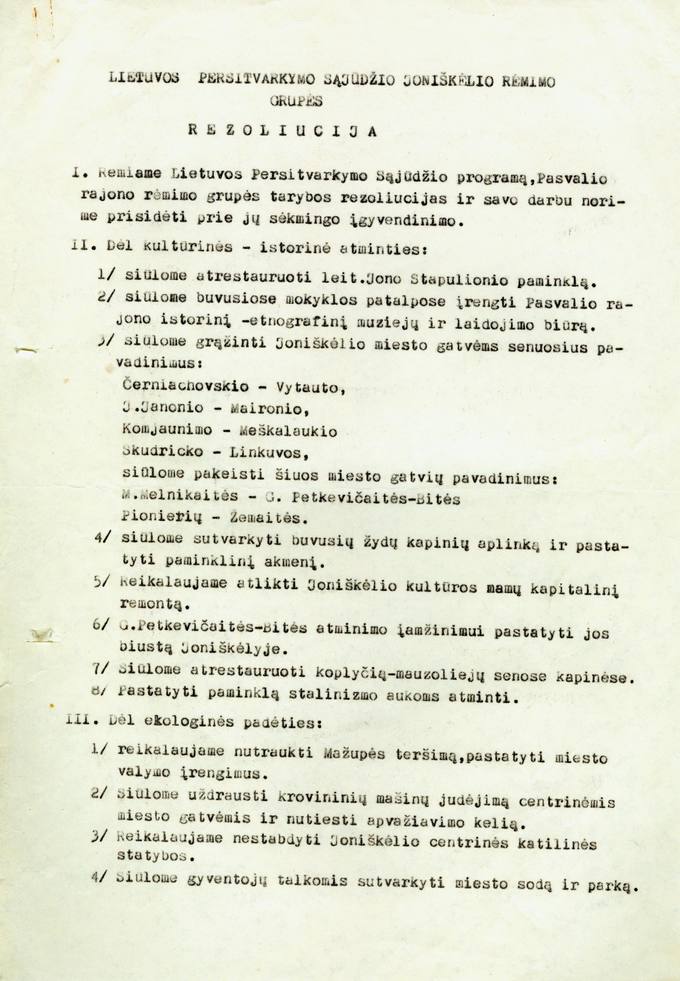 Lietuvos Persitvarkymo Sąjūdžio Joniškėlio rėmimo grupės rezoliucija